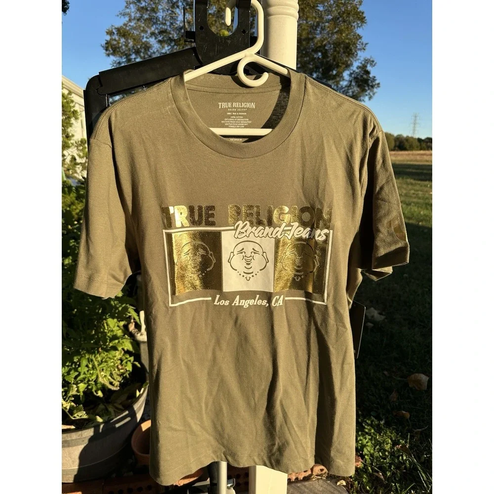 True Religion Men's shinny Tri Buddha Box Logo T-Shirt Size L large NWT Green‎
